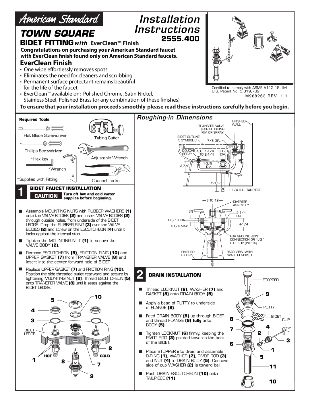 American Standard 2555.400 installation instructions Bidet Faucet Installation,  Drain Installation 