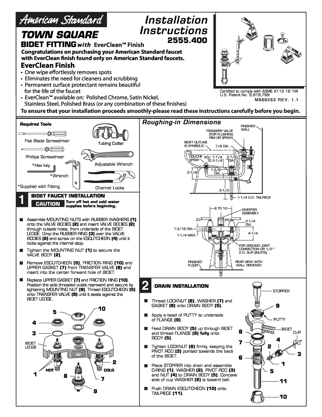American Standard 2555.400 installation instructions Installation, Instructions, Town Square, EverClean Finish 