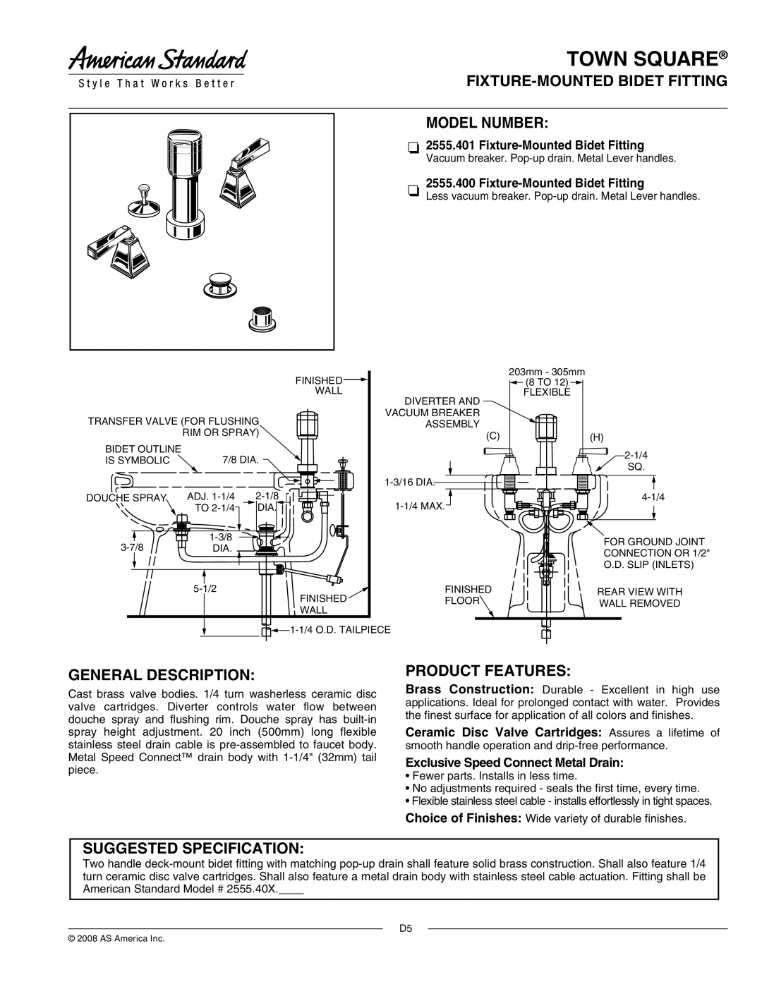 American Standard 2555.401 manual FIXTURE-MOUNTED Bidet Fitting Model Number, General Description, Product Features 