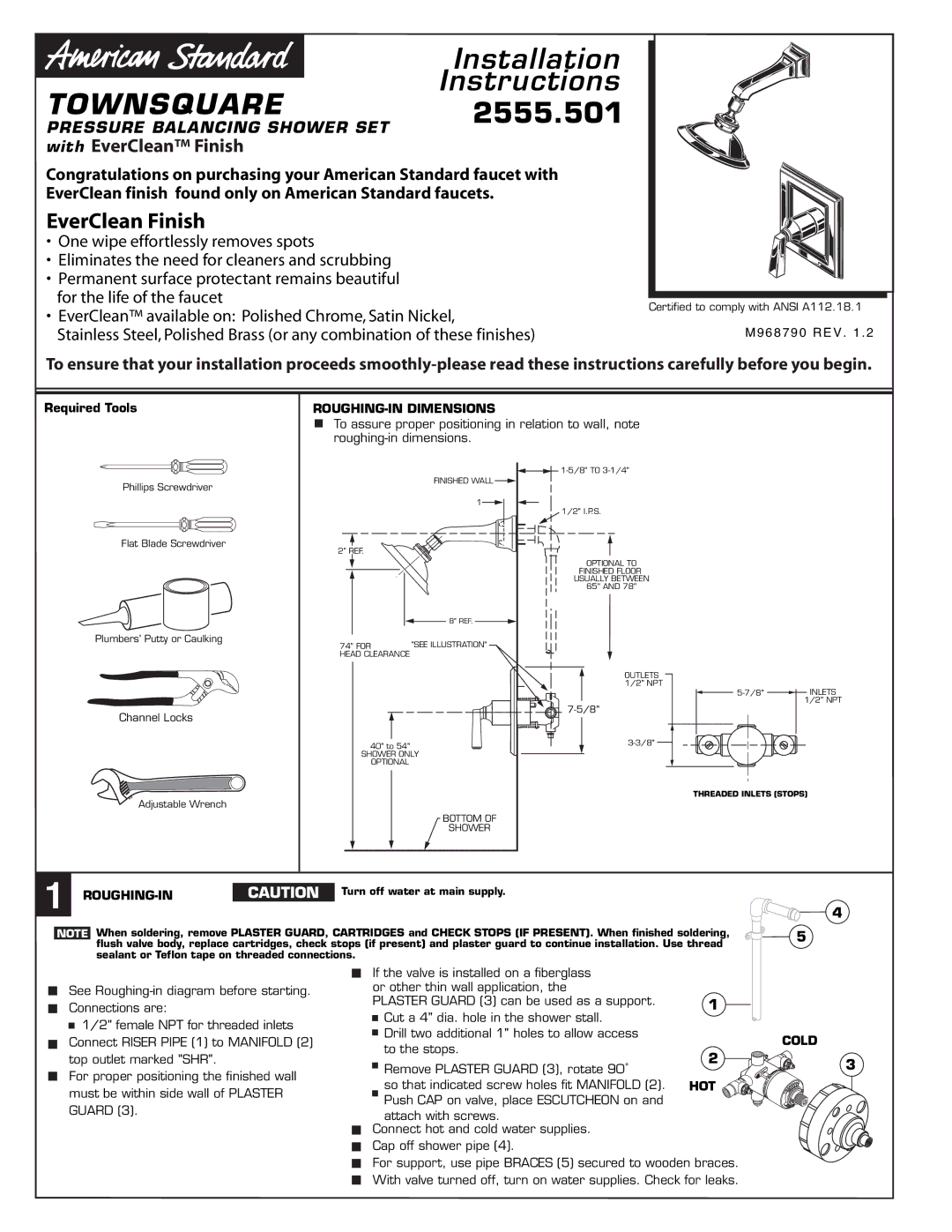 American Standard 2555.501 installation instructions ROUGHING-IN Dimensions, Hot, Cold 