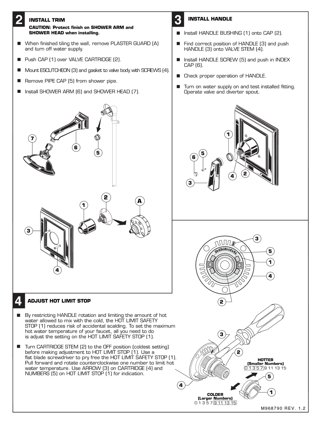 American Standard 2555.501 installation instructions Install Trim, Install Handle, Adjust HOT Limit Stop 