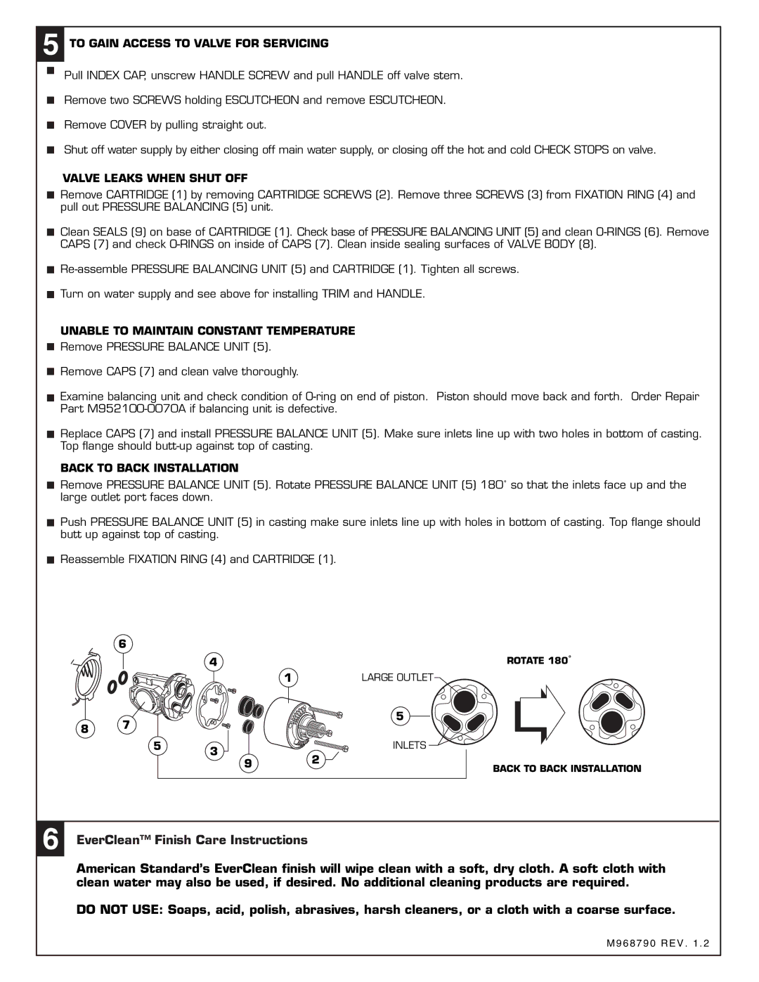 American Standard 2555.501 To Gain Access to Valve for Servicing, Valve Leaks When Shut OFF, Back to Back Installation 