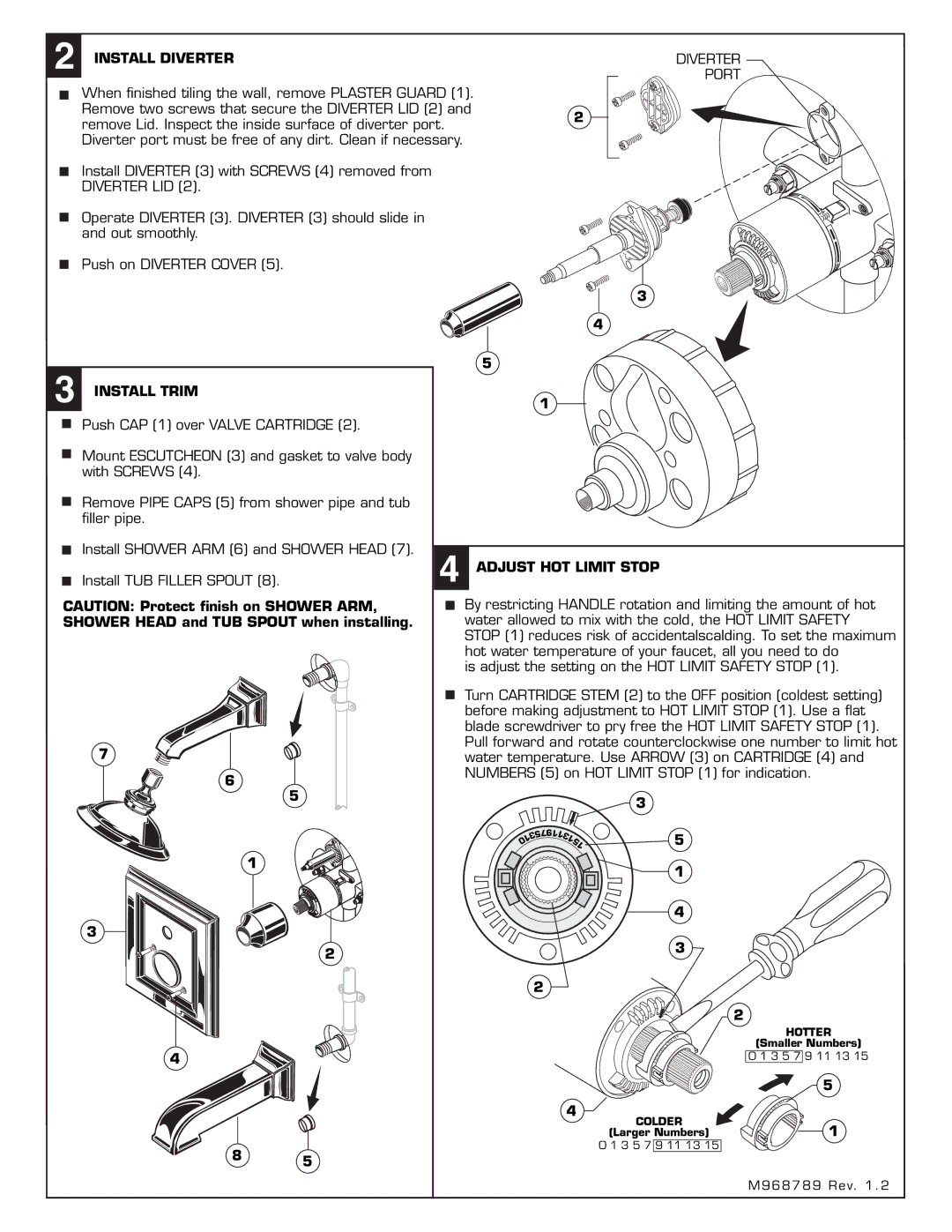 American Standard 2555.602 installation instructions Install Diverter, Install Trim, Adjust HOT Limit Stop 