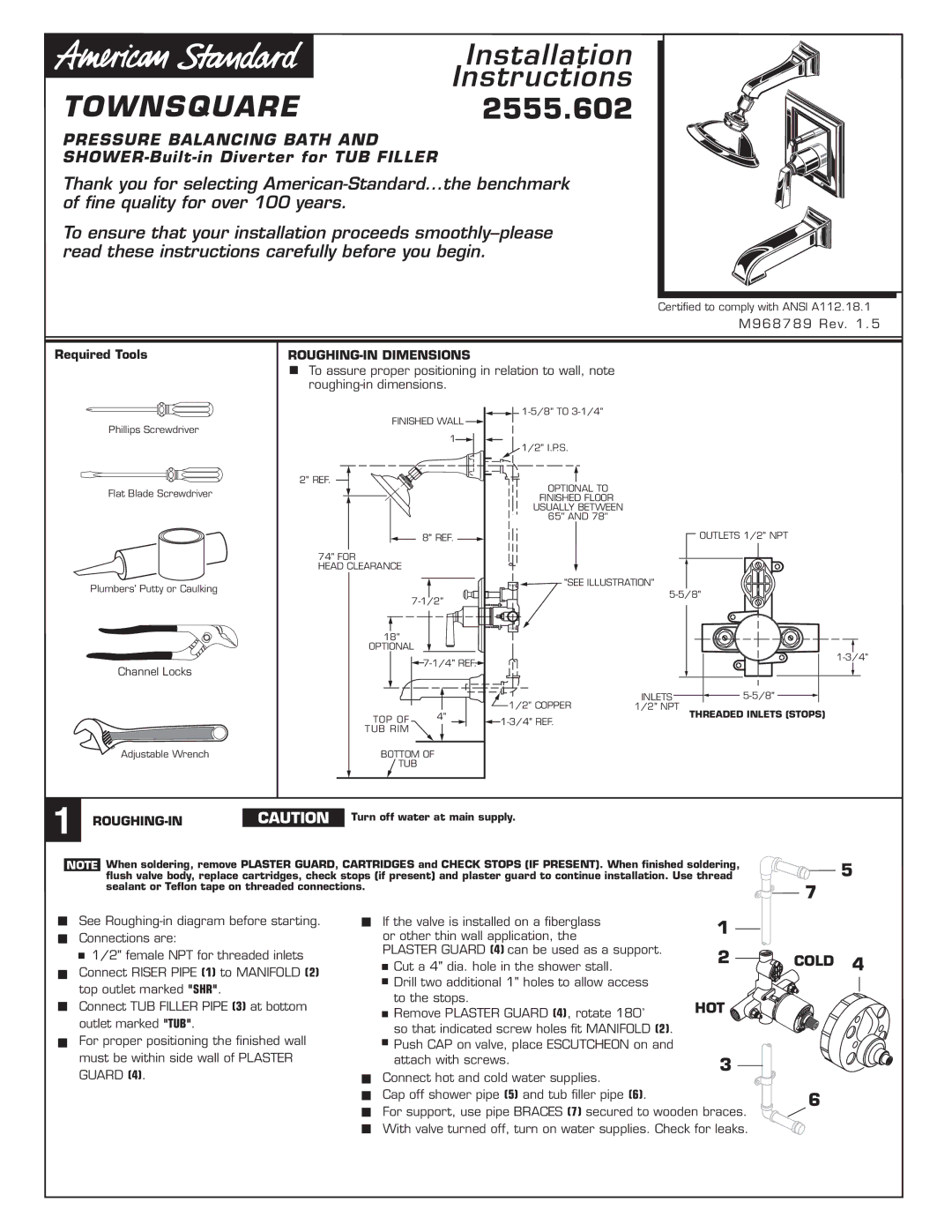 American Standard 2555.602 installation instructions ROUGHING-IN Dimensions, Roughing-In 