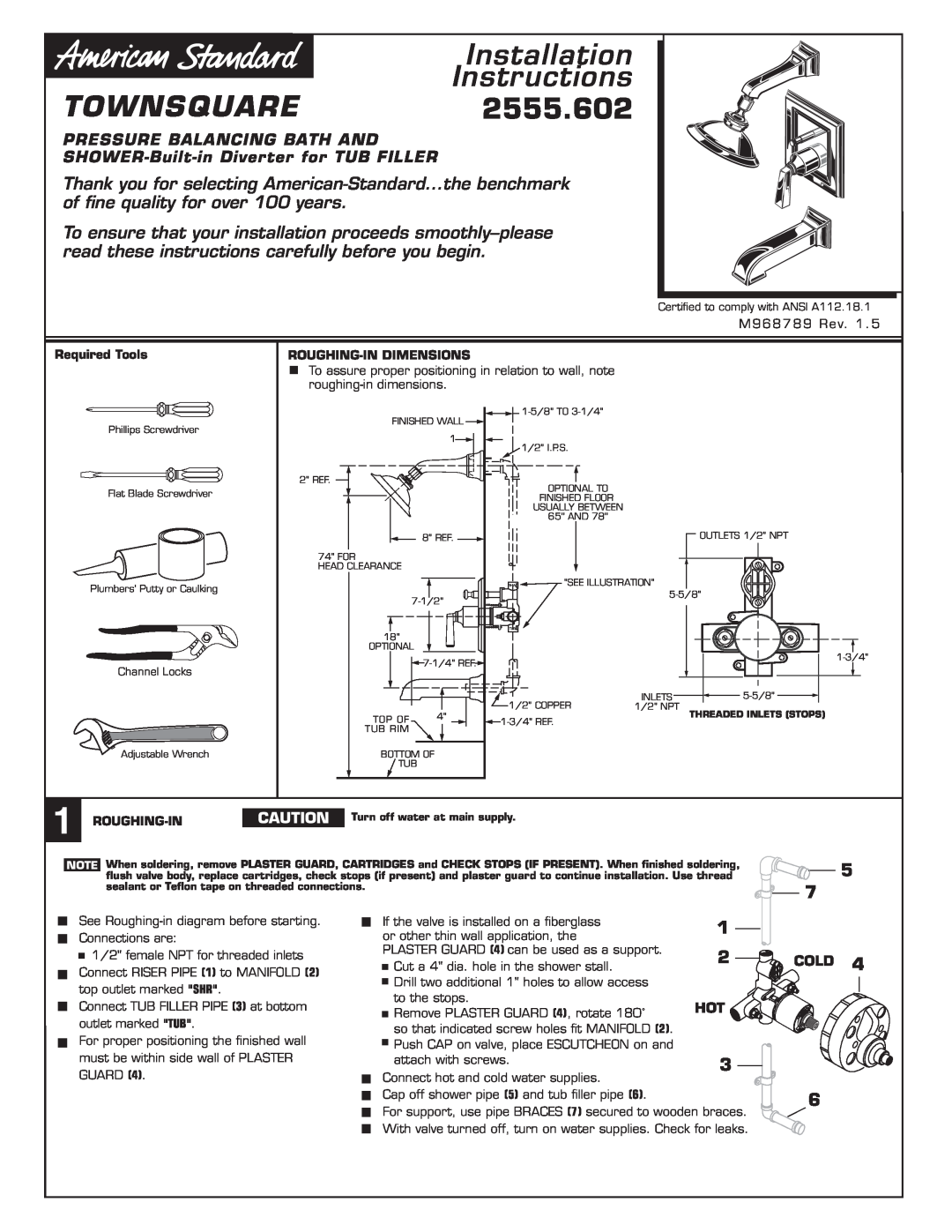 American Standard 2555.602 installation instructions Installation Instructions, T O W N S Q U A R E 