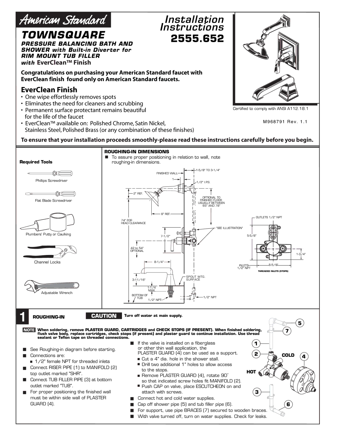 American Standard 2555.652 installation instructions ROUGHING-IN Dimensions, Roughing-In, Hot, Cold 