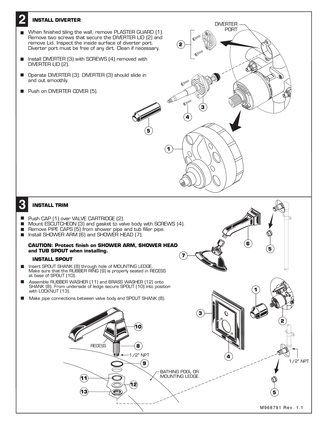 American Standard 2555.652 Install Diverter, Install Trim, Install Spout, Bathing Pool or, Mounting Ledge 