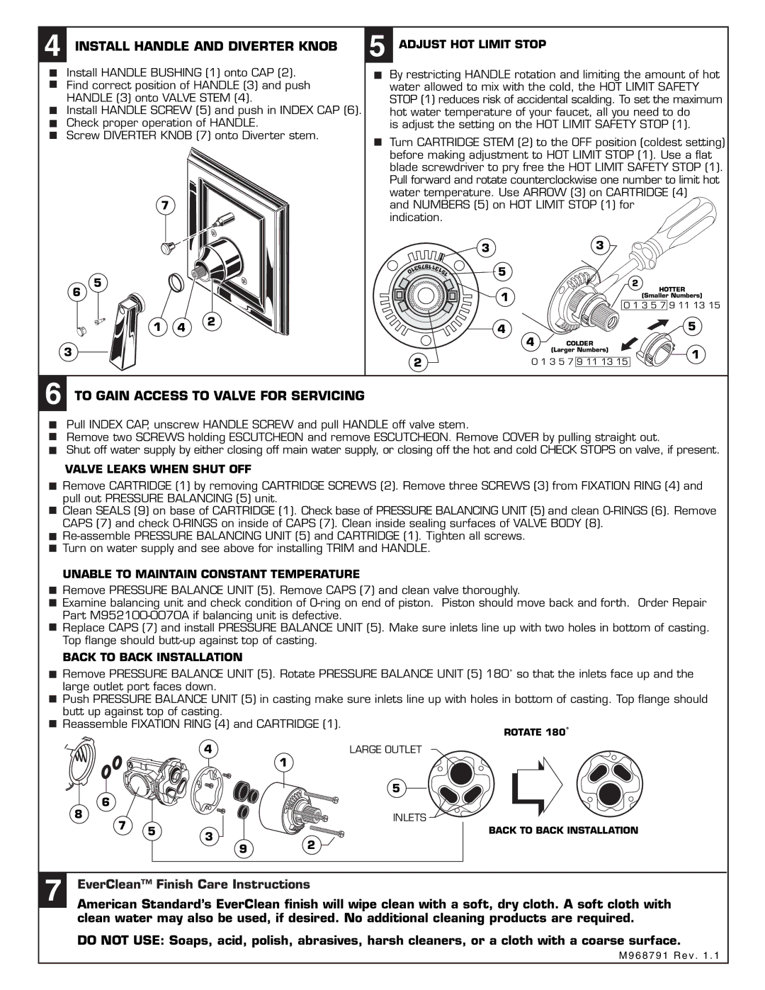 American Standard 2555.652 Install Handle and Diverter Knob, To Gain Access to Valve for Servicing 