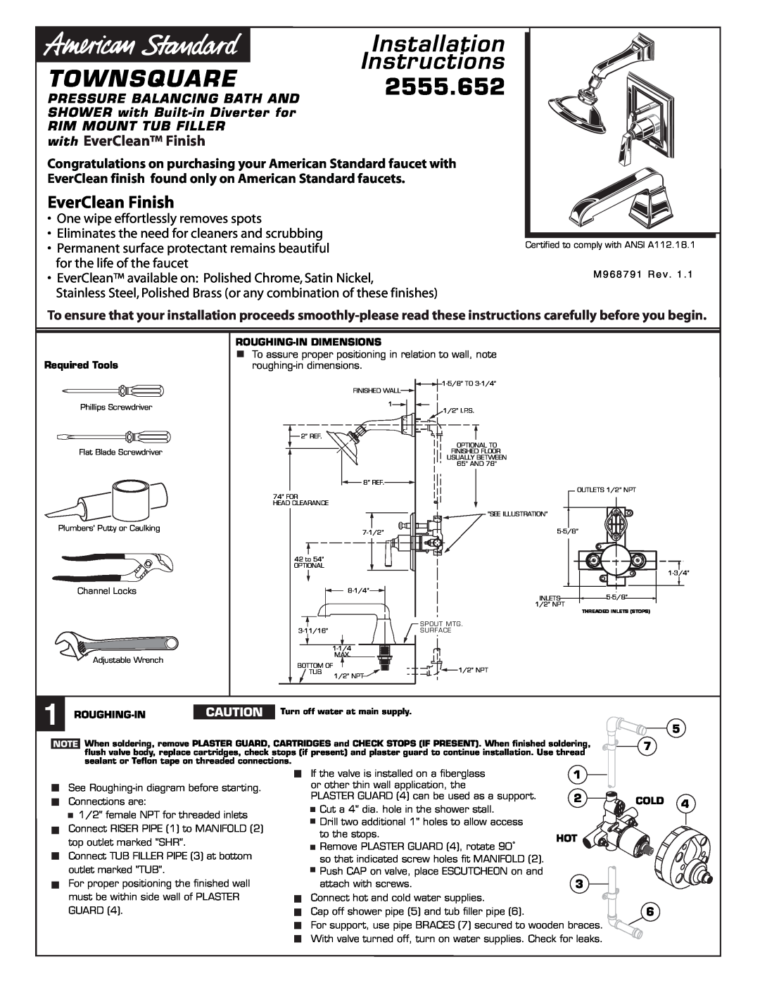 American Standard installation instructions Installation Instructions, TOWNSQUARE2555.652, EverClean Finish 