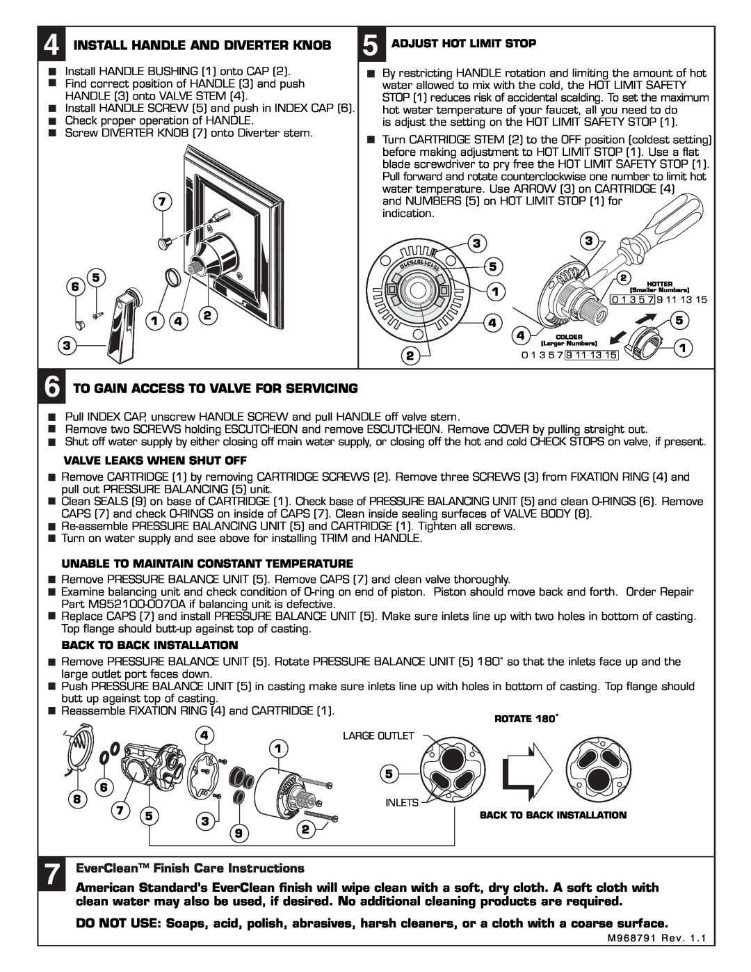 American Standard 2555.652 installation instructions Install Handle And Diverter Knob, EverClean Finish Care Instructions 