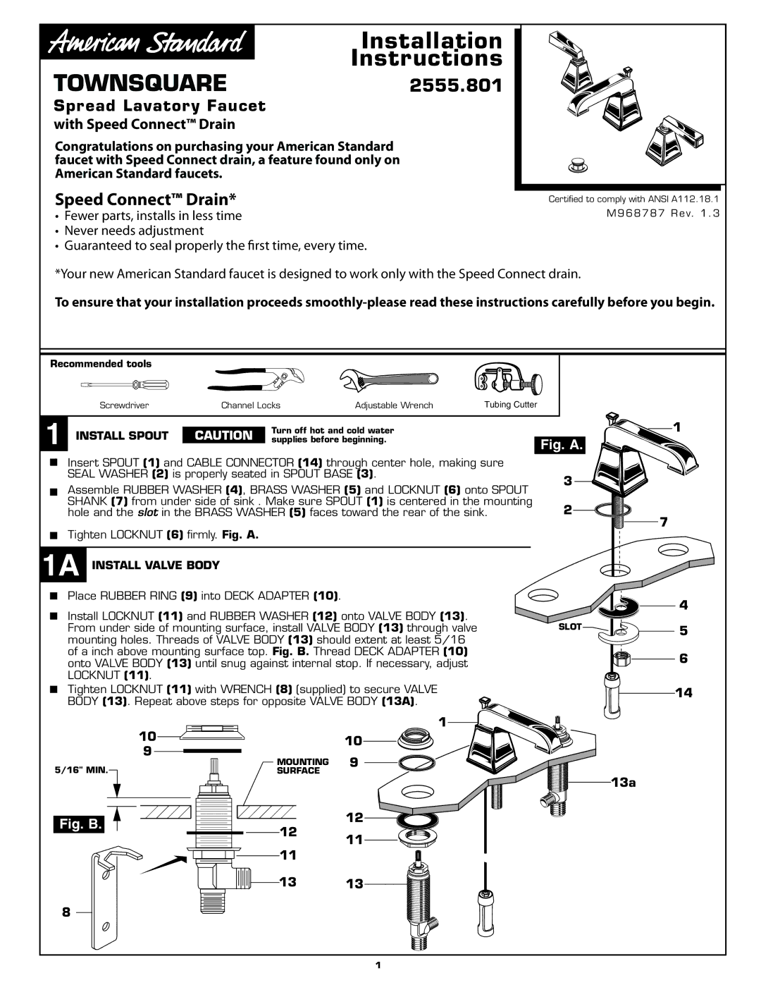 American Standard 2555.801 installation instructions Spread Lavatory Faucet With Speed Connect Drain, Install Spout 