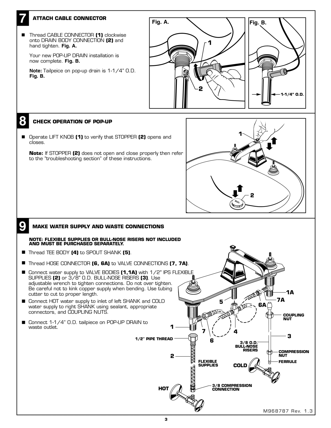 American Standard 2555.801 Attach Cable Connector, Check Operation of POP-UP, Make Water Supply and Waste Connections, Hot 