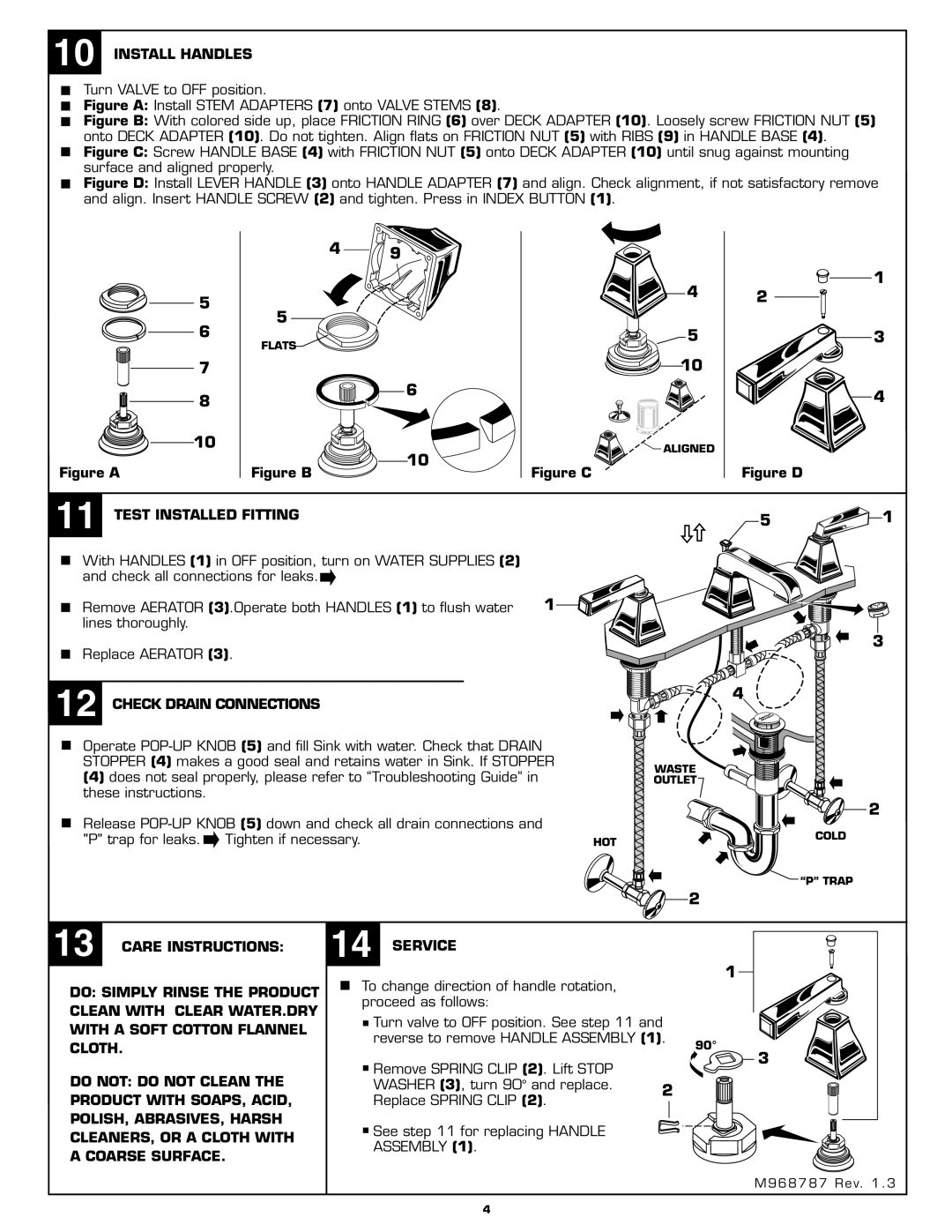 American Standard 2555.801 Install Handles, Test Installed Fitting, Check Drain Connections, Care Instructions Service 