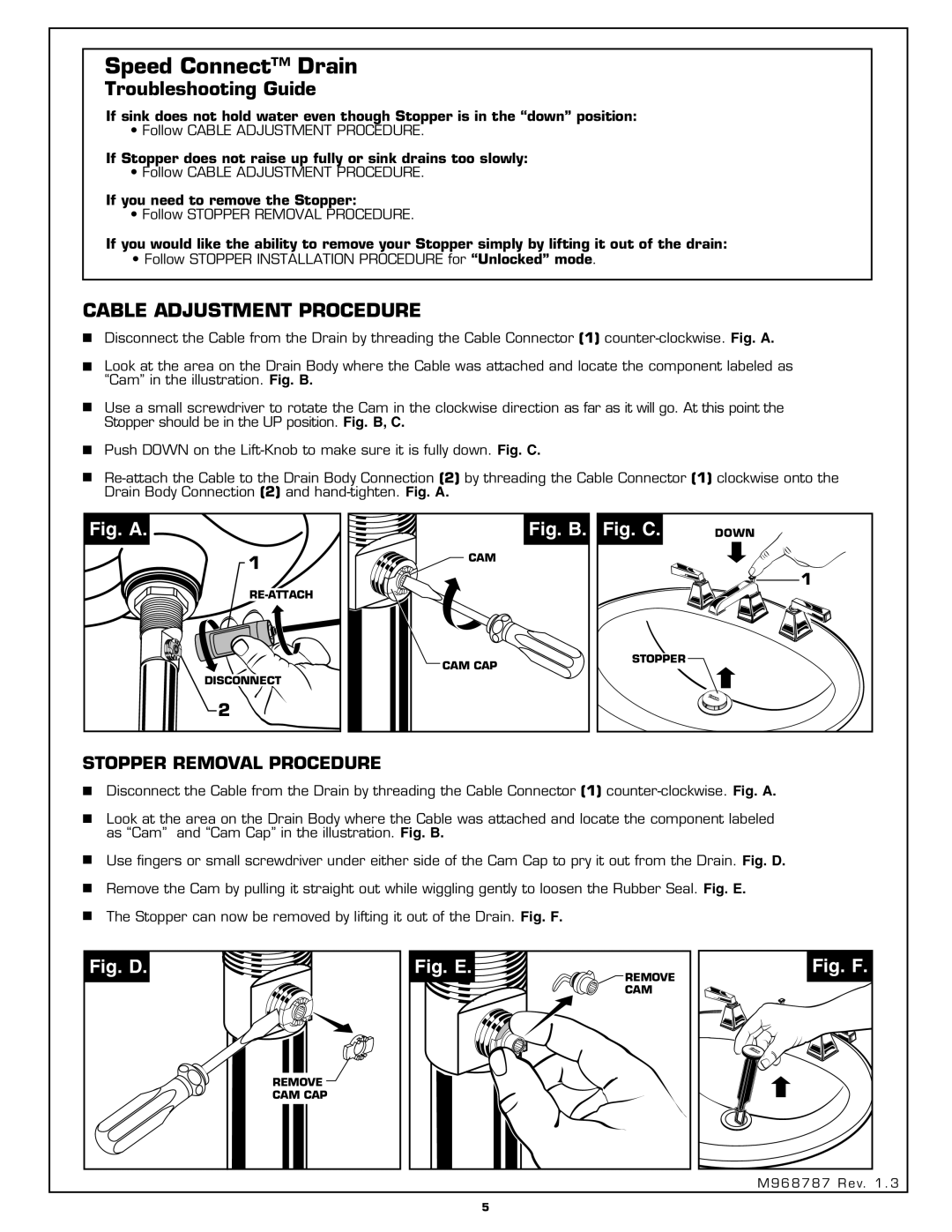 American Standard 2555.801 Troubleshooting Guide, Cable Adjustment Procedure, Fig. A, Fig. B. Fig. C, Fig. D, Fig. E 