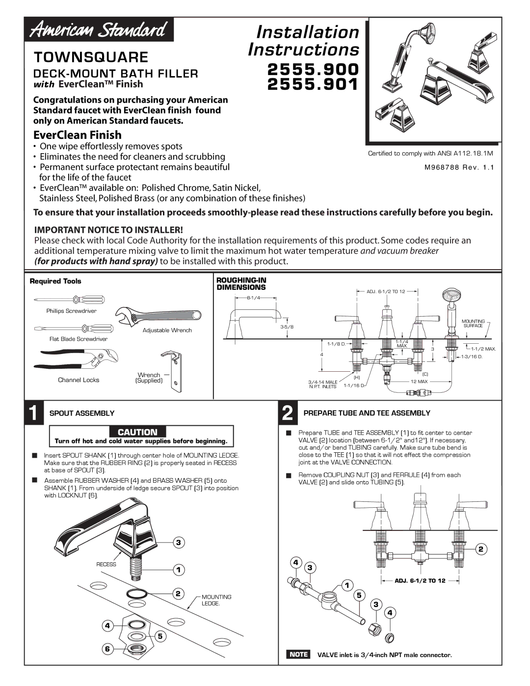 American Standard 2555.901, 2555.900 installation instructions Townsquare, Spout Assembly 