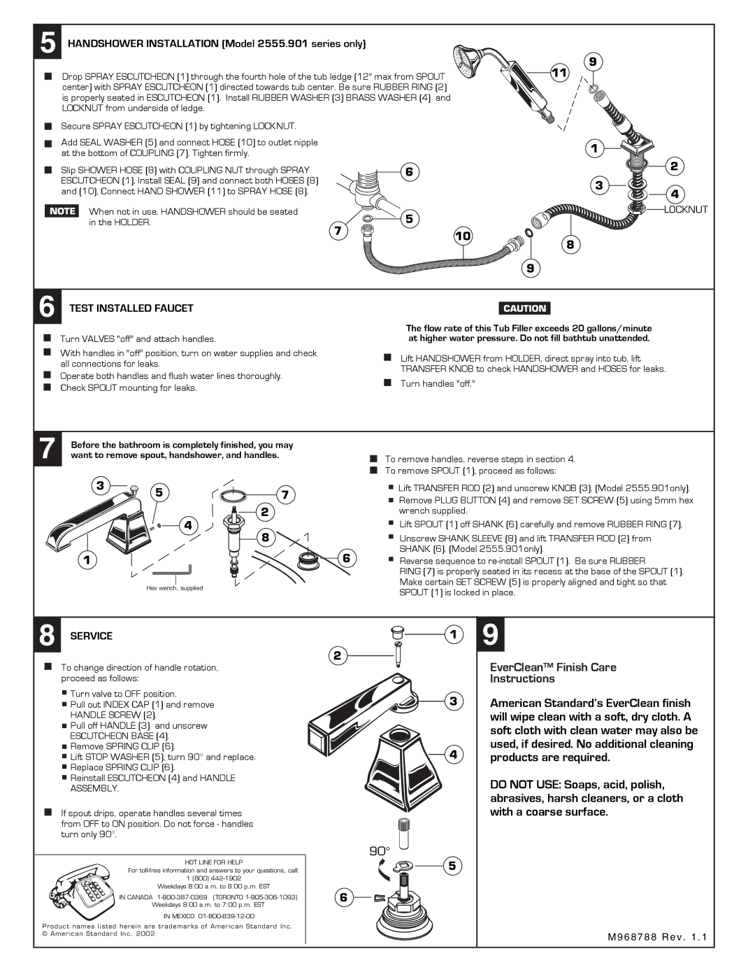 American Standard 2555.901, 2555.900 installation instructions Test Installed Faucet, Service 