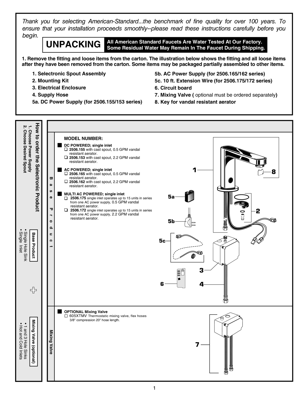 American Standard 256.1XX warranty Unpacking, Product 