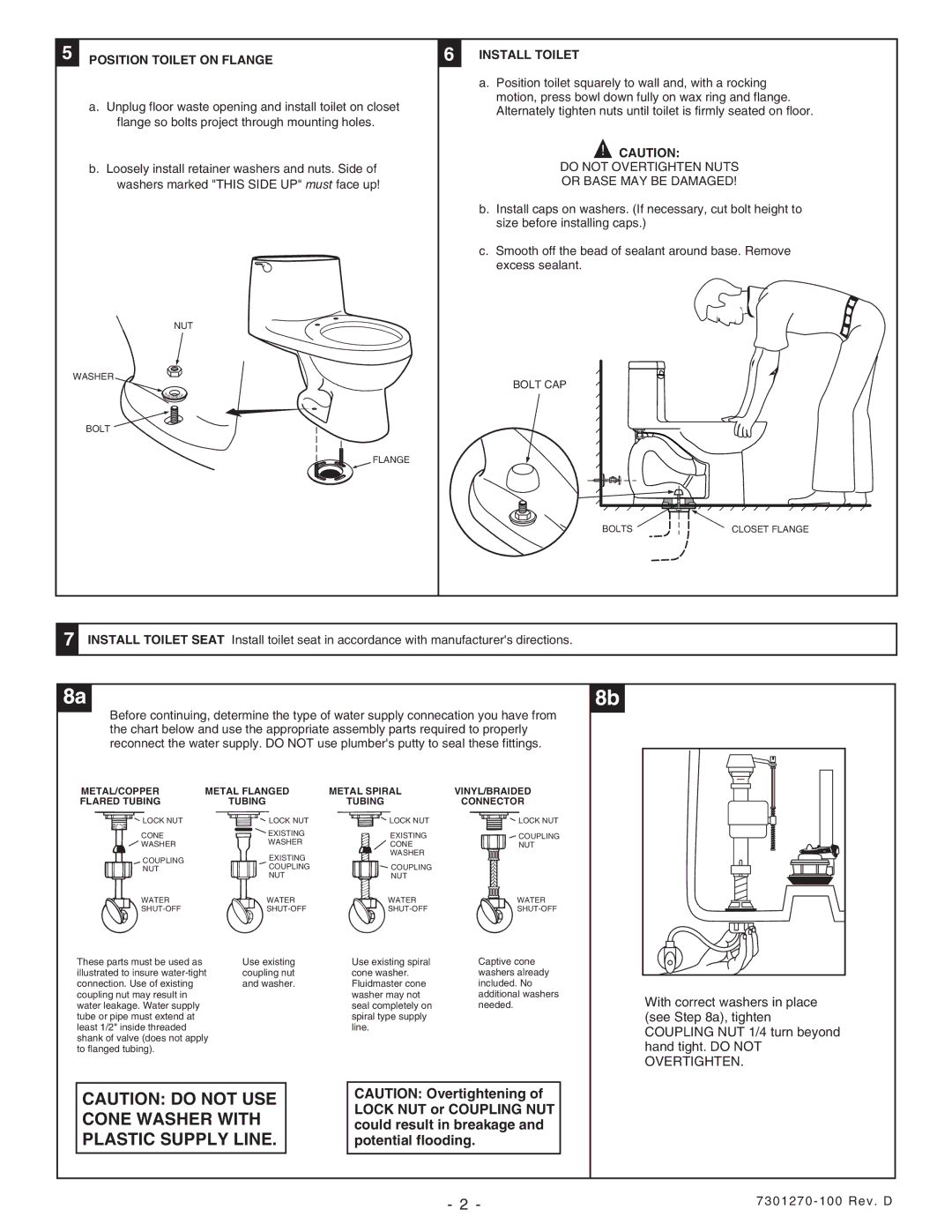 American Standard 2568, 2907 Position Toilet on Flange, Install Toilet, Do not Overtighten Nuts Or Base MAY be Damaged 