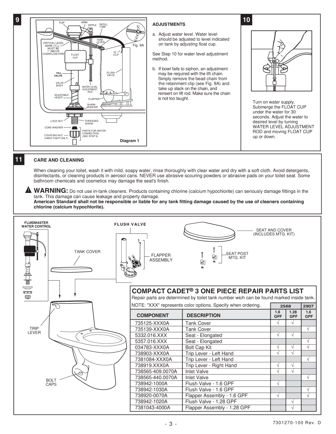 American Standard 2907, 2568 Compact Cadet 3 ONE Piece Repair Parts List, Adjustments, Care and Cleaning, Flush Valve 