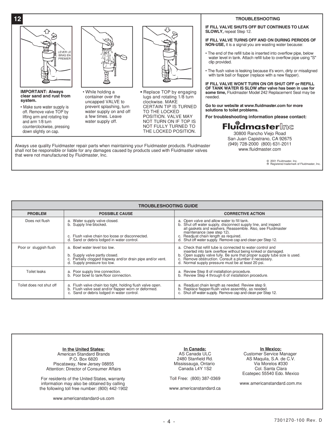 American Standard 2568, 2907 installation instructions Troubleshooting Guide 