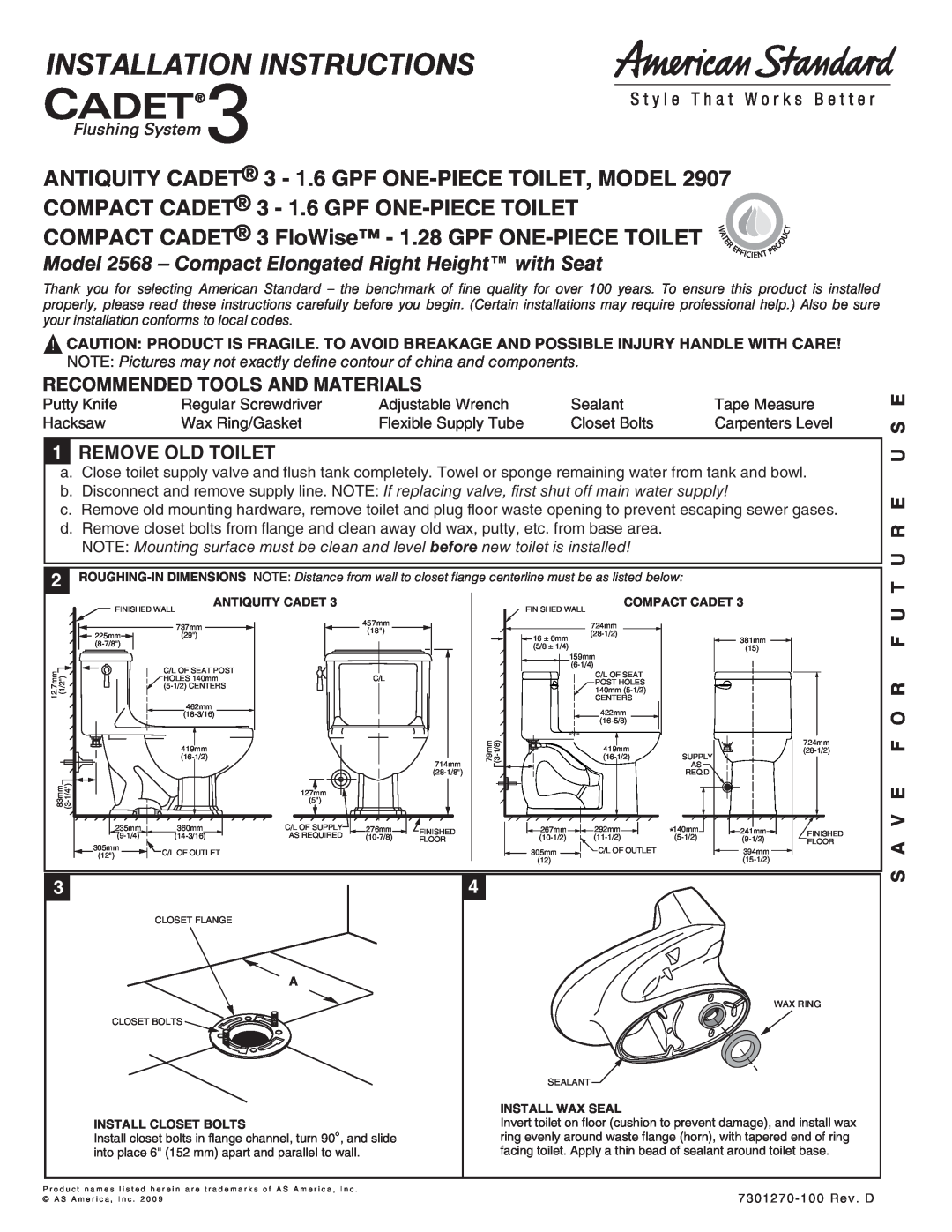 American Standard 2907, 2568 installation instructions Recommended Tools And Materials, 1REMOVE OLD TOILET, T U R E U S E 