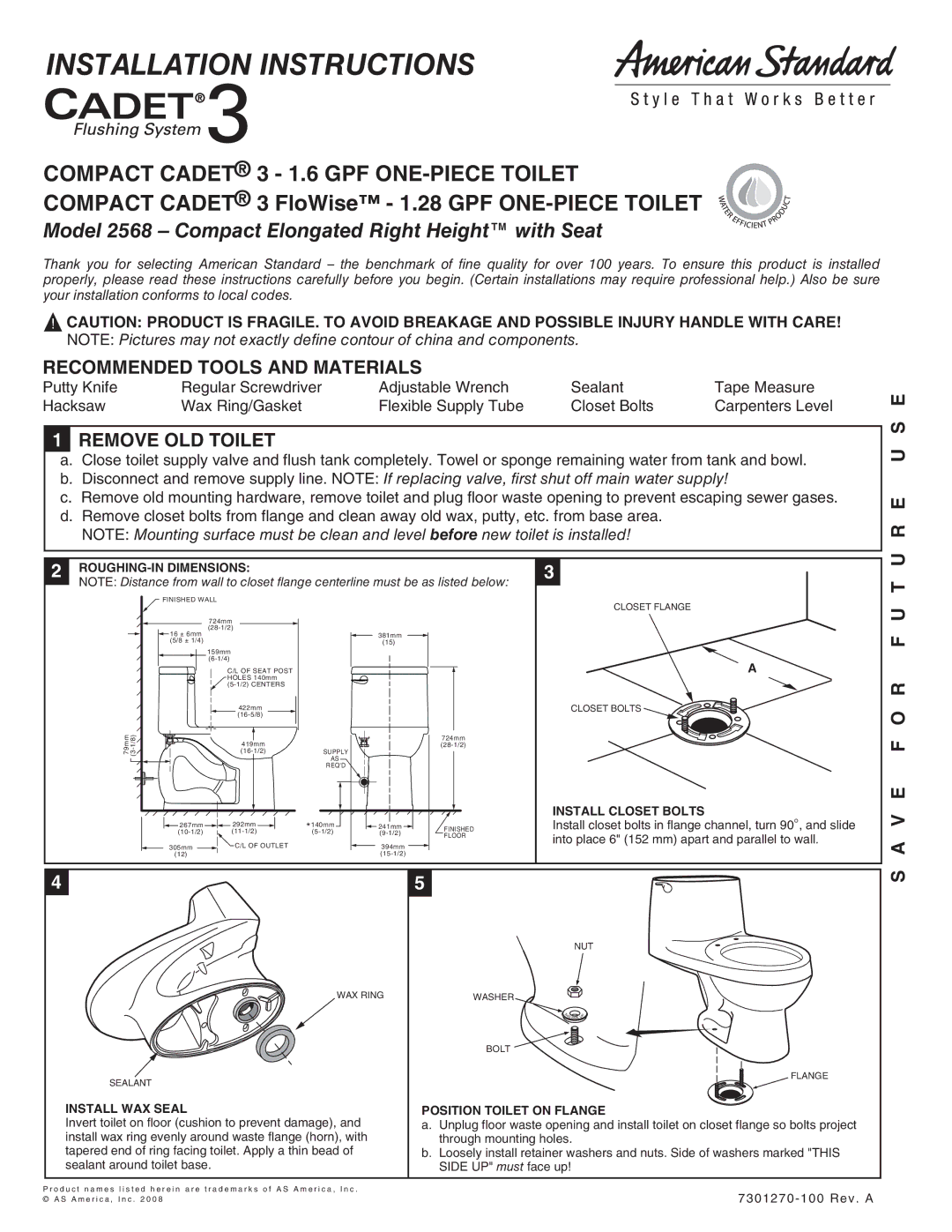 American Standard 2568 installation instructions Recommended Tools and Materials, Remove OLD Toilet, E U S E, U T, V E F O 