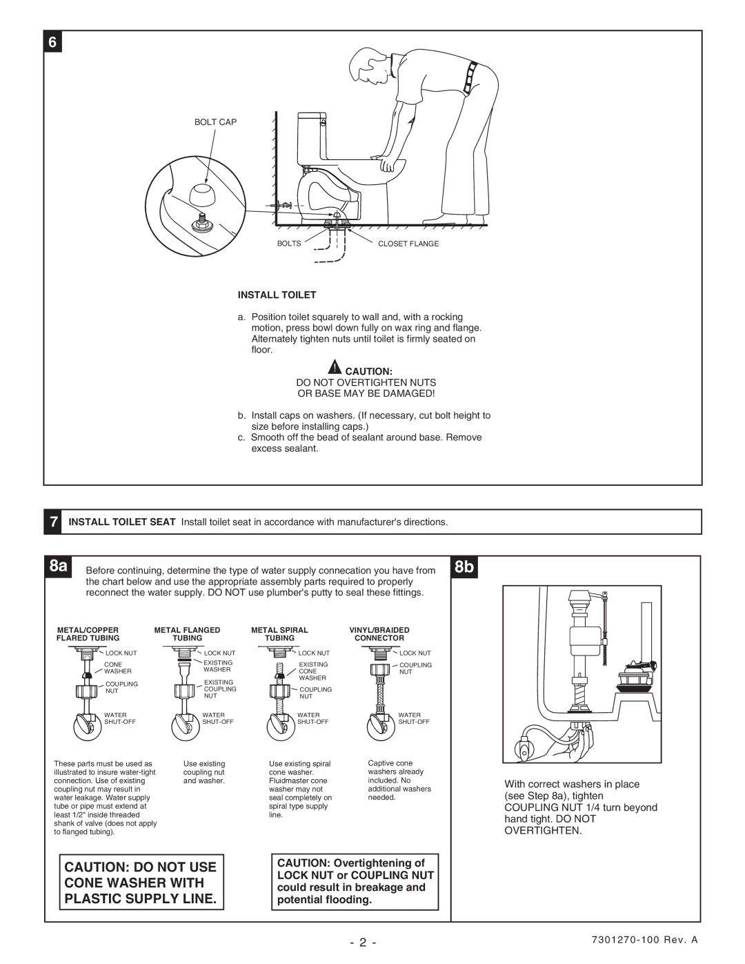 American Standard 2568 installation instructions Cone Washer with, Plastic Supply Line, Install Toilet 