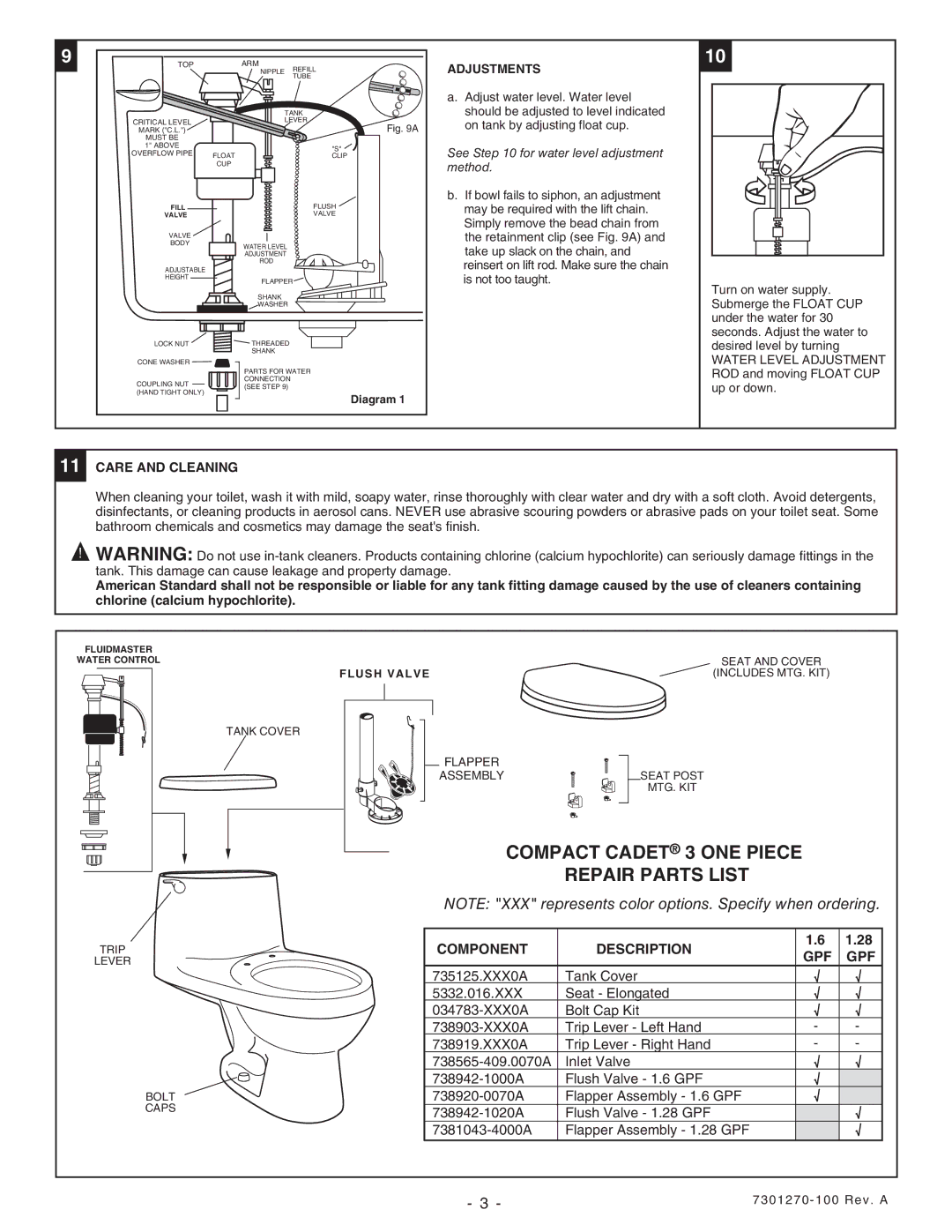 American Standard 2568 Compact Cadet 3 ONE Piece, Repair Parts List, Adjustments, Care and Cleaning 