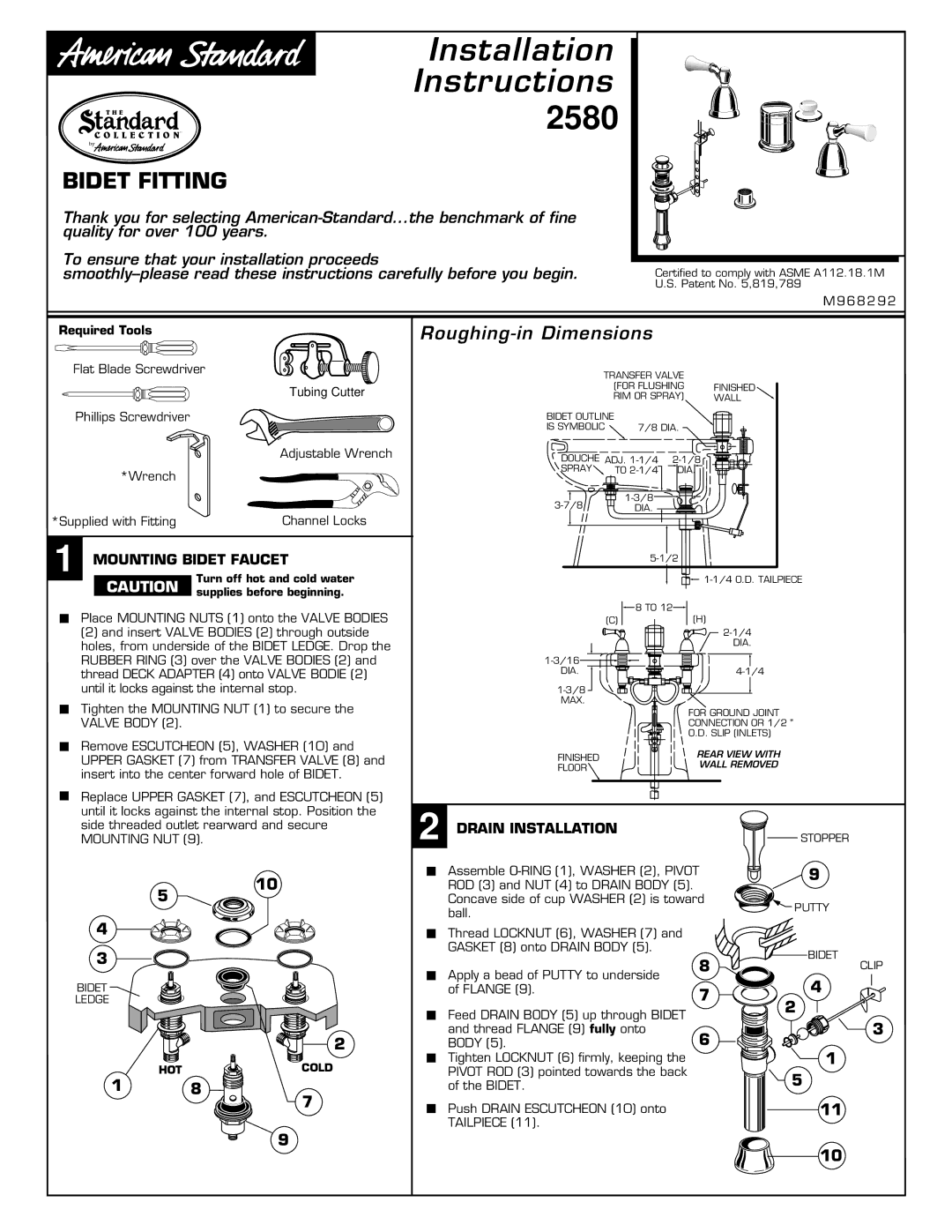 American Standard 2580 installation instructions Mounting Bidet Faucet, Drain Installation 