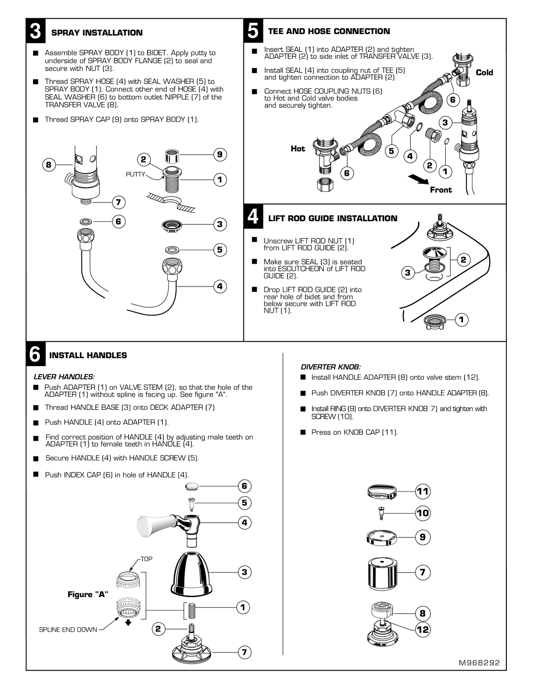 American Standard 2580 Spray Installation, TEE and Hose Connection, Lift ROD Guide Installation, Install Handles 