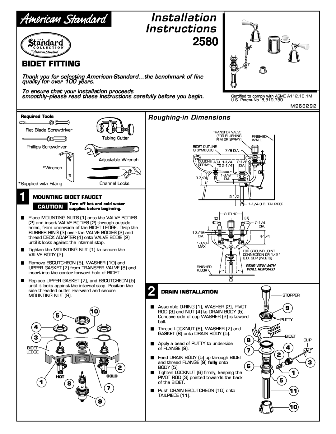 American Standard 2580 installation instructions Installation Instructions, Bidet Fitting, Roughing-inDimensions 