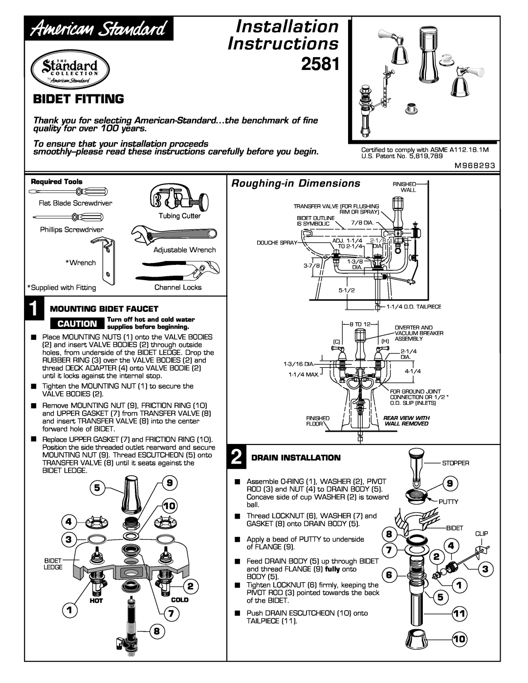 American Standard 2580 2581, 4 3 1, Installation Instructions, Bidet Fitting, Roughing-inDimensions 