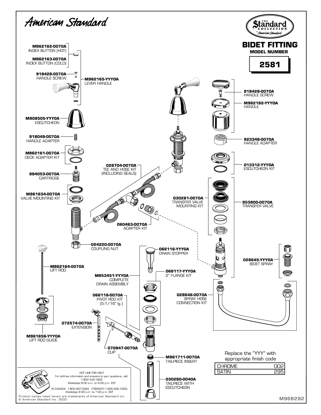 American Standard 2581 manual Bidet Fitting 