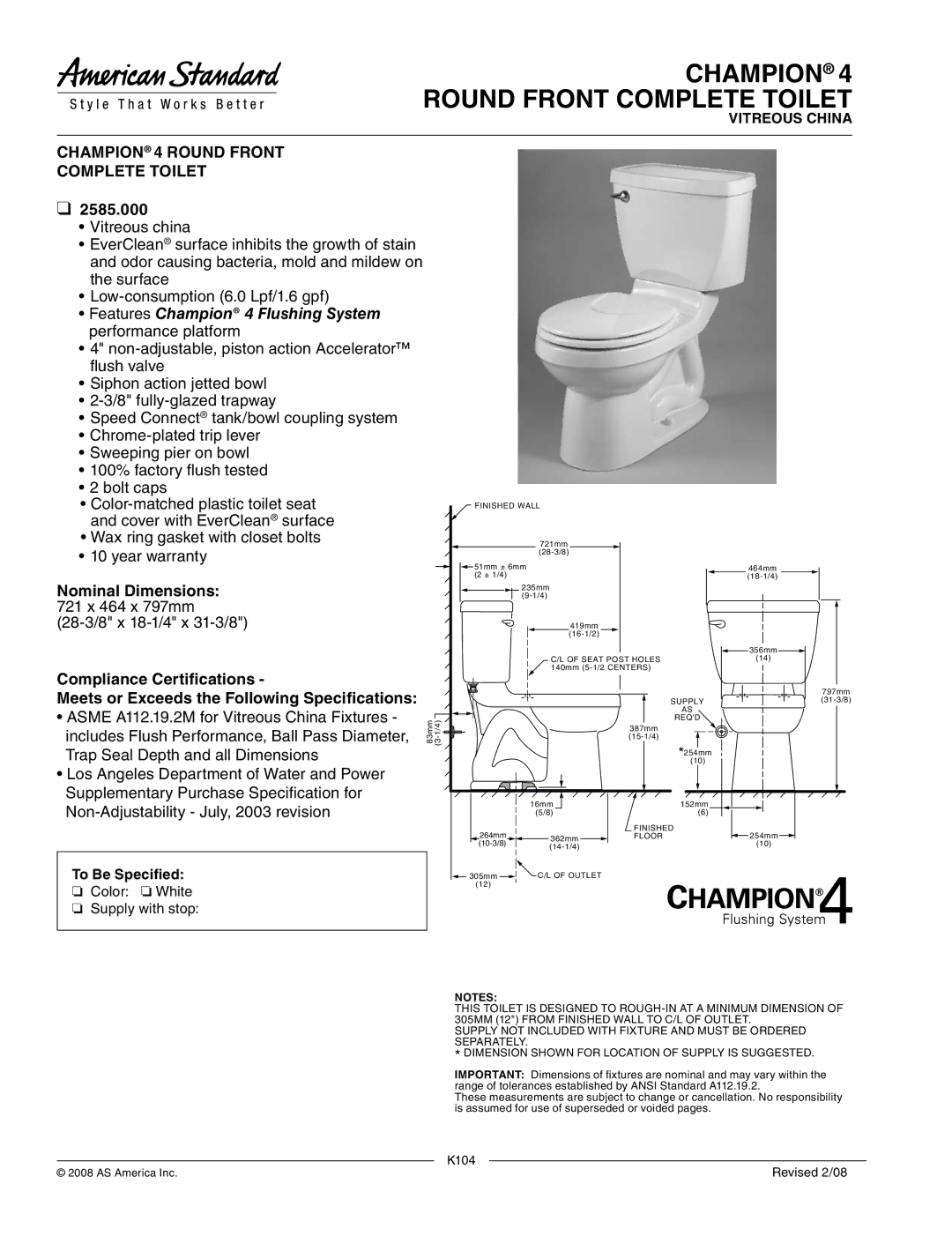 American Standard 2585.000 warranty Champion Round Front Complete Toilet, Champion 4 Round Front Complete Toilet 