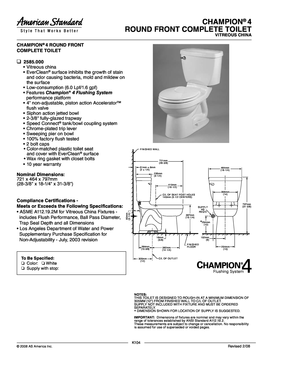 American Standard 2585.000 warranty Champion Round Front Complete Toilet, CHAMPION 4 ROUND FRONT COMPLETE TOILET 
