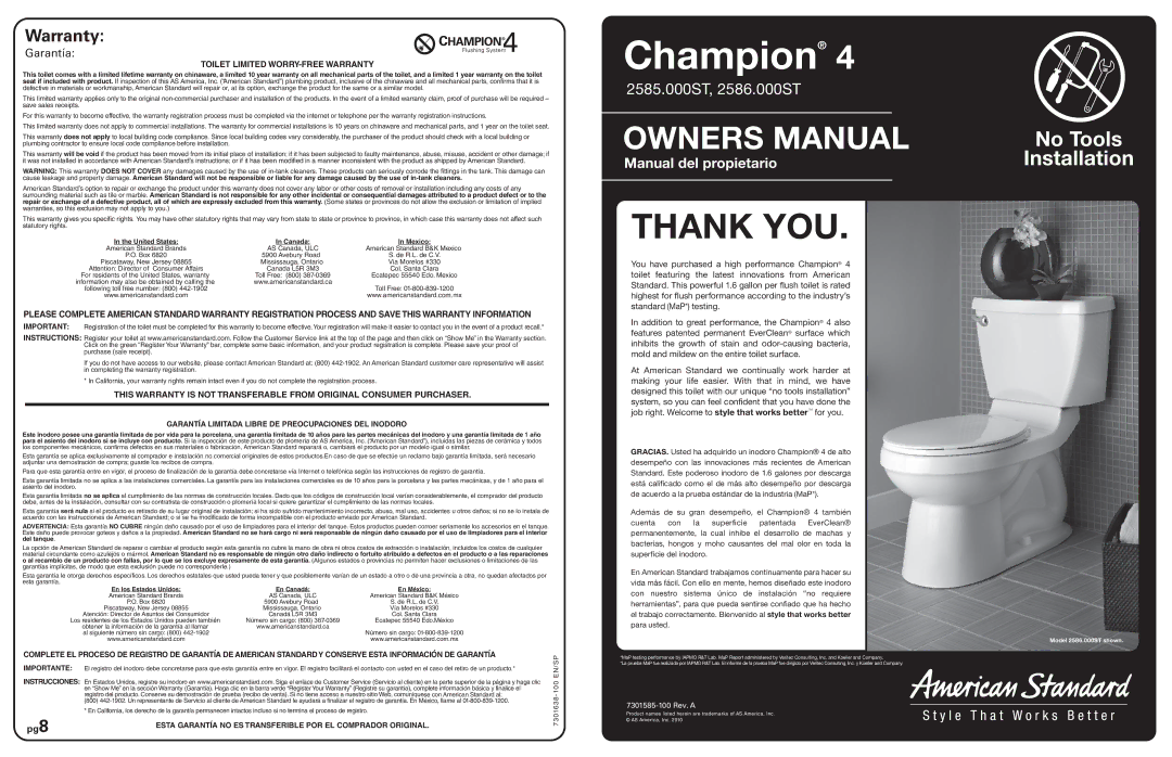 American Standard 2586.000ST, 2585.000ST warranty Garantía, Toilet Limited WORRY-FREE Warranty 