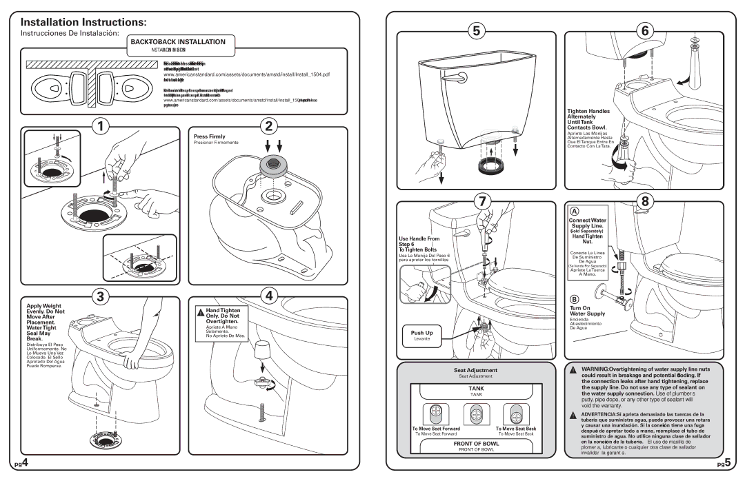 American Standard 2585.000ST, 2586.000ST Installation Instructions, Instrucciones De Instalación, Tank, Front of Bowl 