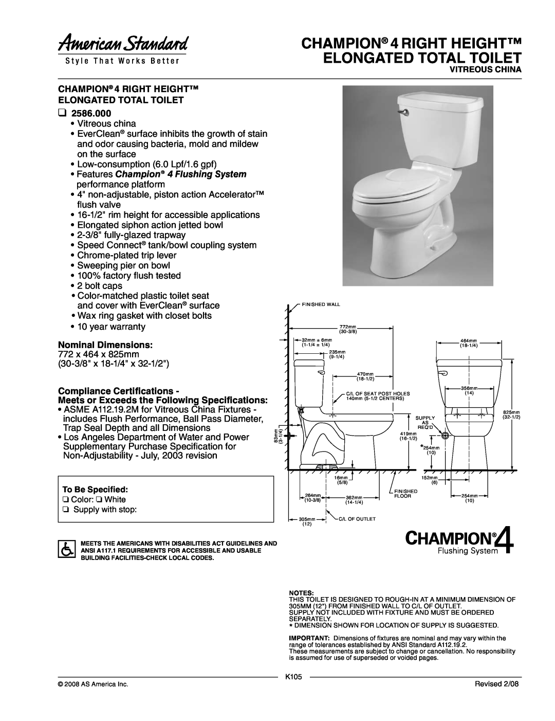 American Standard 2586.000 dimensions CHAMPION 4 RIGHT HEIGHT ELONGATED TOTAL TOILET, Nominal Dimensions 