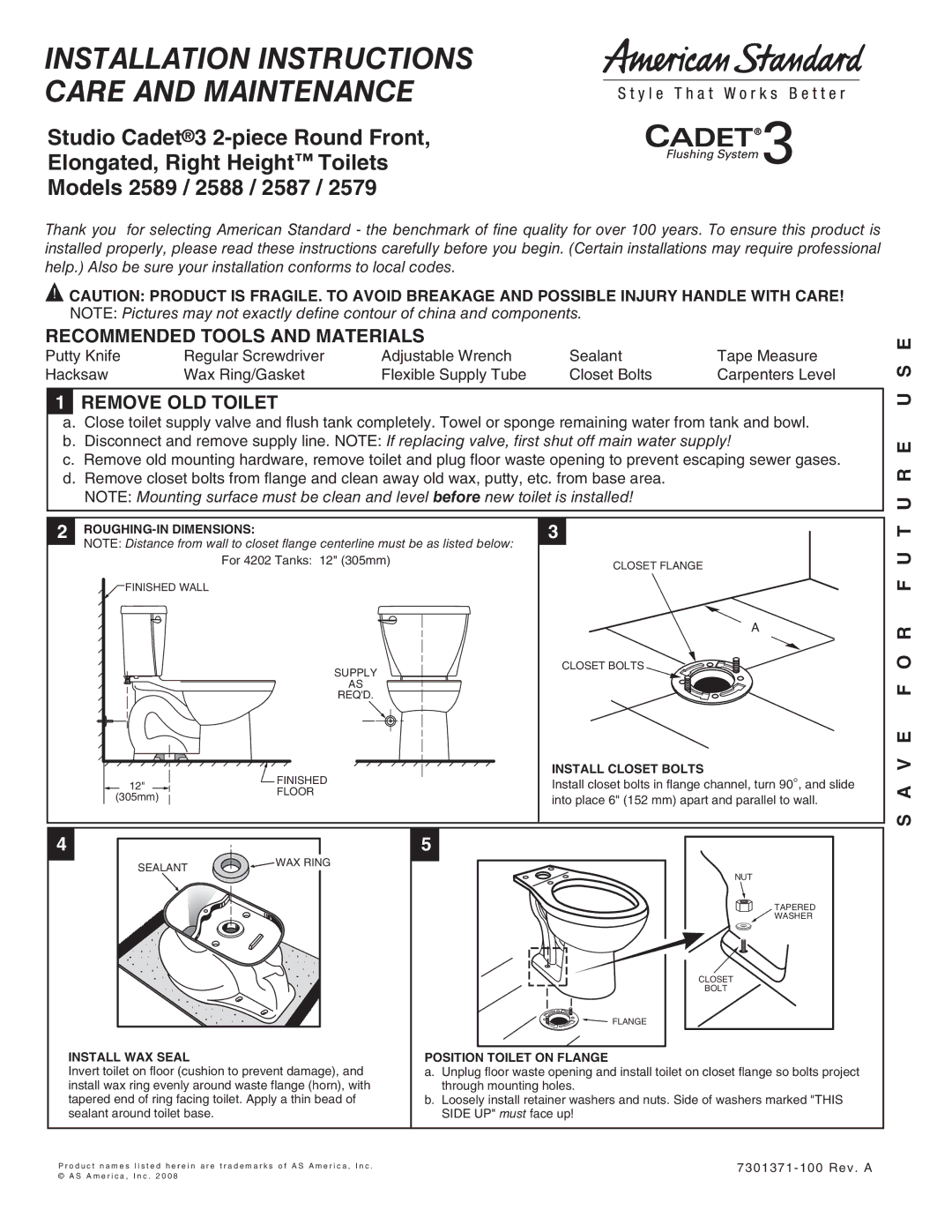 American Standard 2588, 2587, 2579 installation instructions Recommended Tools and Materials, Remove OLD Toilet, E U S E 