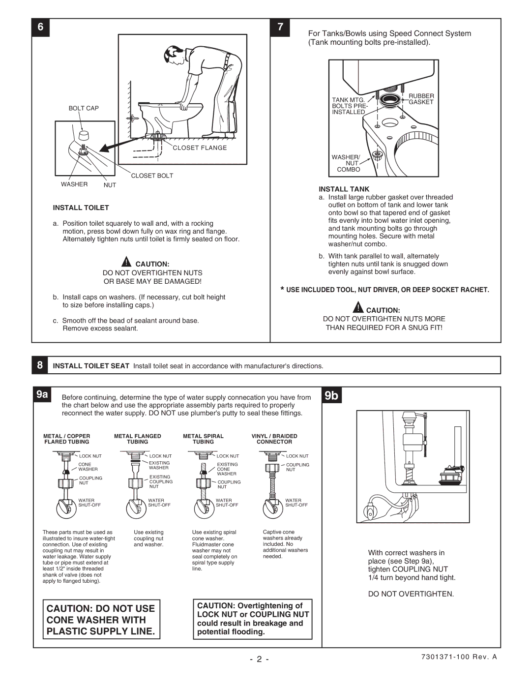 American Standard 2579, 2587, 2588, 2589 Cone Washer with, Plastic Supply Line, Install Toilet, Install Tank 