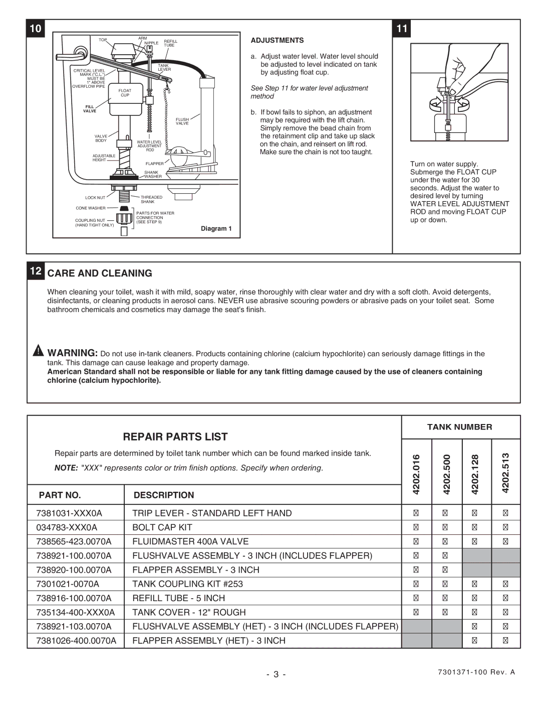 American Standard 2589, 2587, 2588, 2579 installation instructions Repair Parts List, Care and Cleaning, Adjustments 