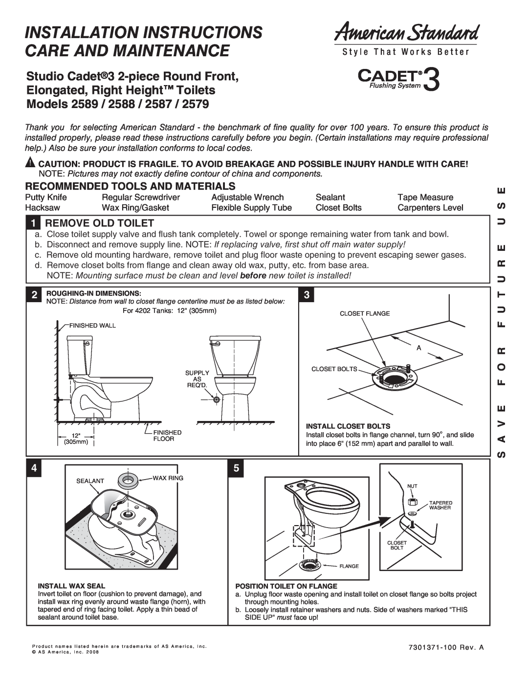 American Standard 2588, 2587 installation instructions Recommended Tools And Materials, 1REMOVE OLD TOILET, U R E U S E 