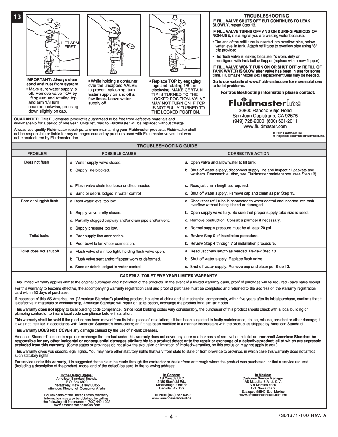 American Standard 2587 Troubleshooting Guide, For troubleshooting information please contact, Problem, Possible Cause 