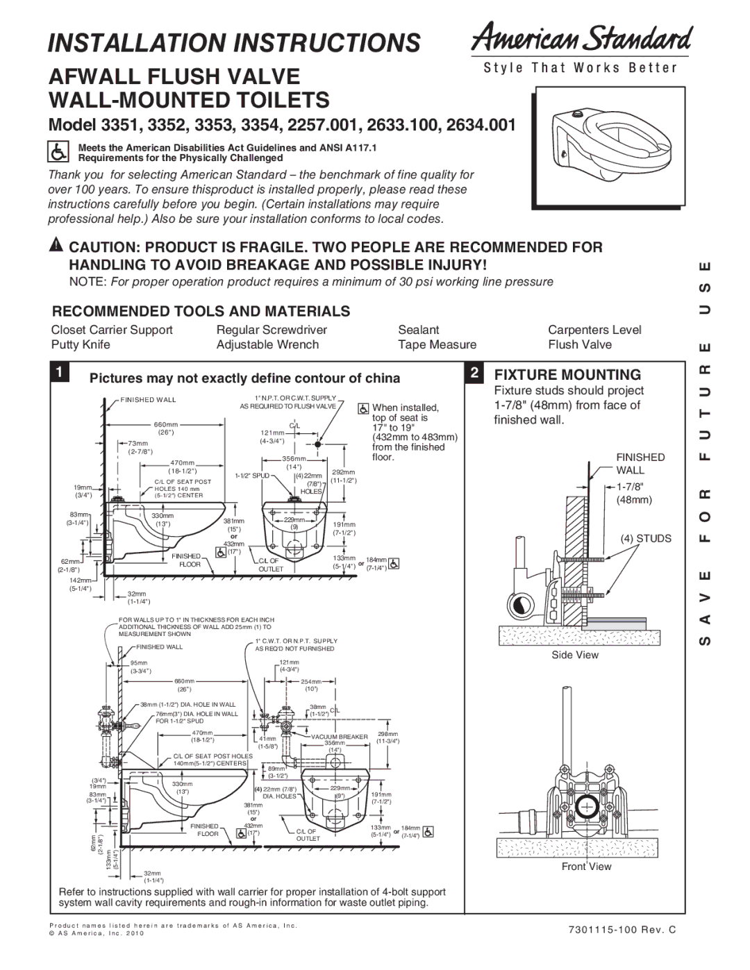 American Standard 3353, 2633.1, 3351, 3352, 2634.001 installation instructions S E, Fixture Mounting, V E F O R F U T U R 