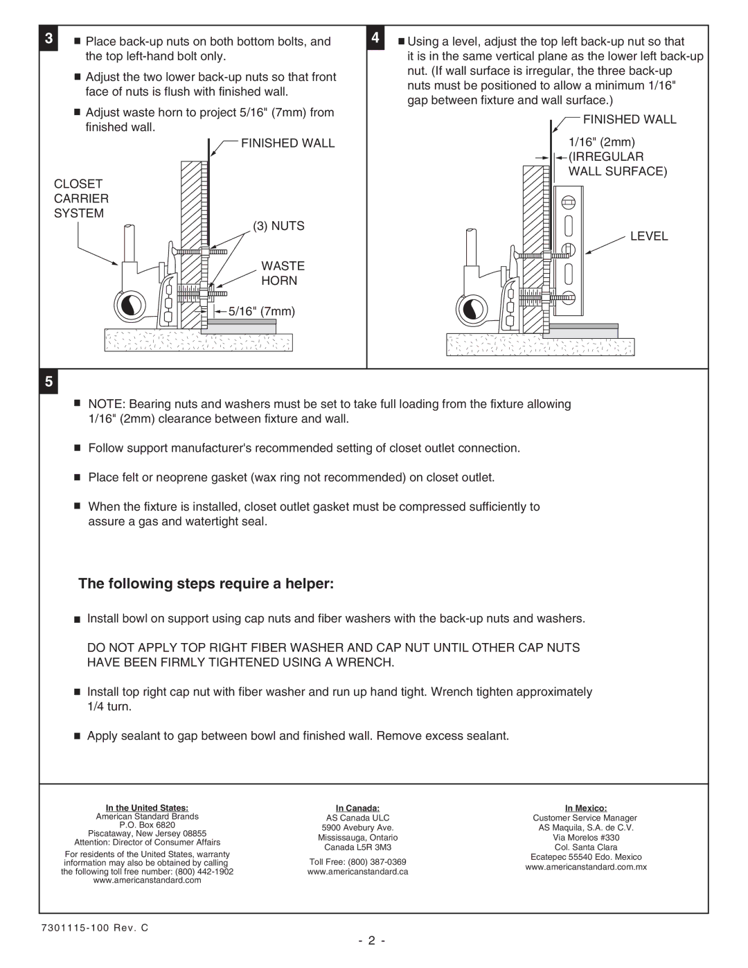 American Standard 3351, 2633.1, 3353, 3352 Finished Wall Closet Carrier System, Waste Horn, Irregular, Wall Surface, Level 