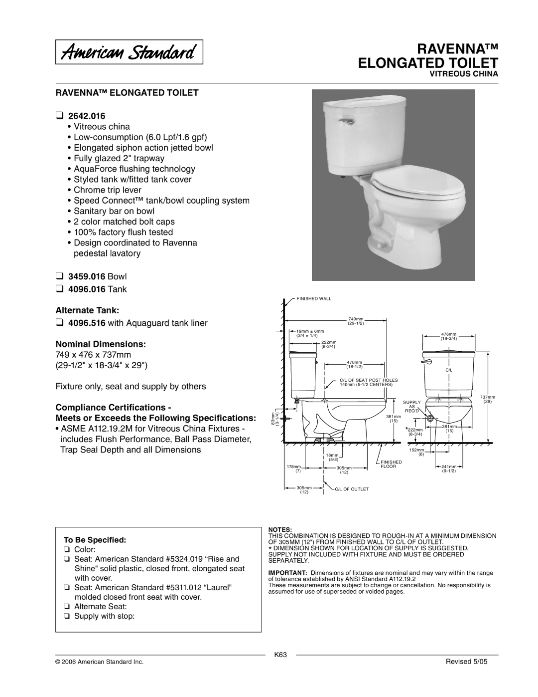 American Standard 4096.516 dimensions Ravenna Elongated Toilet, 2642.016, Bowl Tank Alternate Tank, Nominal Dimensions 