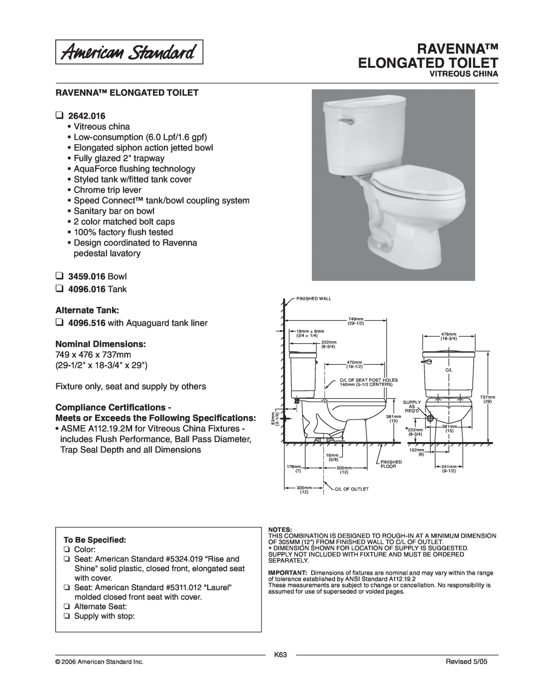 American Standard 4096.516 dimensions Ravenna Elongated Toilet, Bowl 4096.016 Tank, Alternate Tank, Nominal Dimensions 