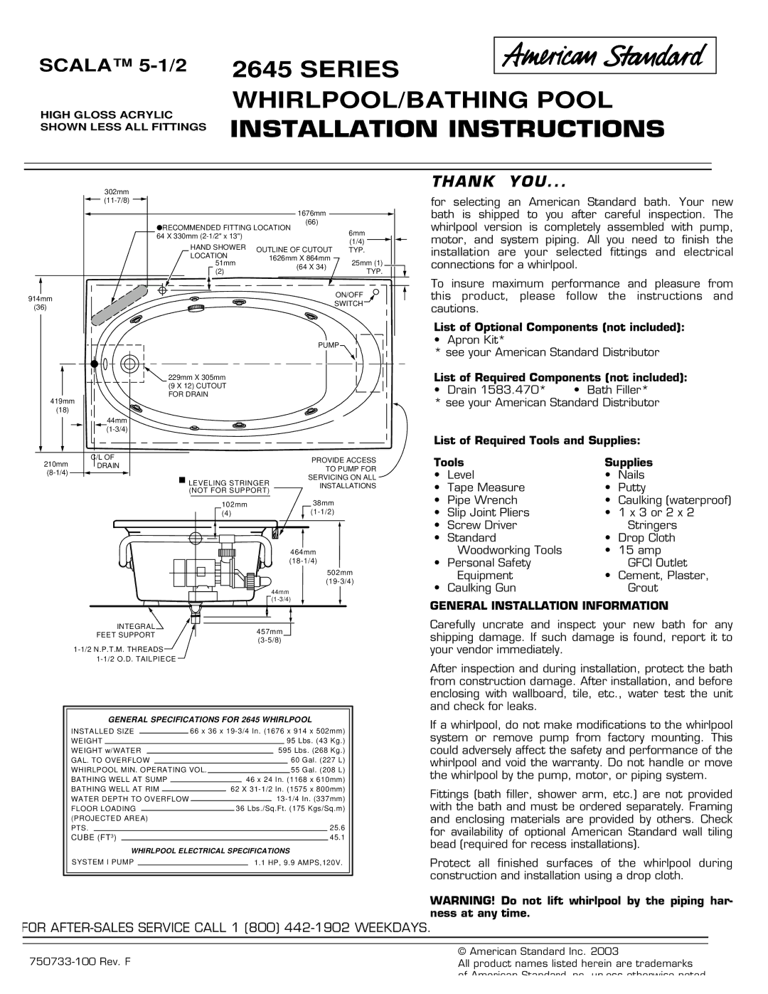 American Standard 2645 Series installation instructions Series WHIRLPOOL/BATHING Pool Installation Instructions 