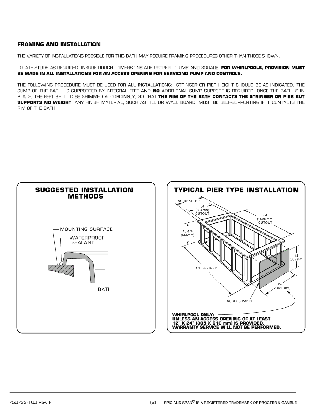 American Standard 2645 Series installation instructions Framing and Installation, Bath 