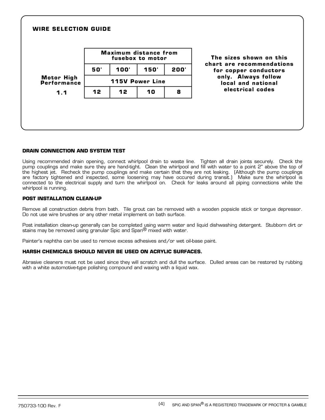 American Standard 2645 Series Wire Selection Guide, Drain Connection and System Test, Post Installation CLEAN-UP 